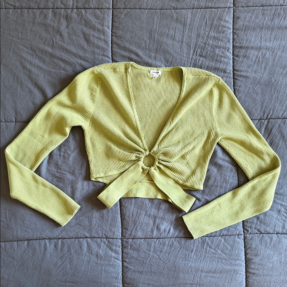 Garage Lime Long Sleeve Crop Top Size XS Rib Knit V-Neck Cut-Out Ring Y2K